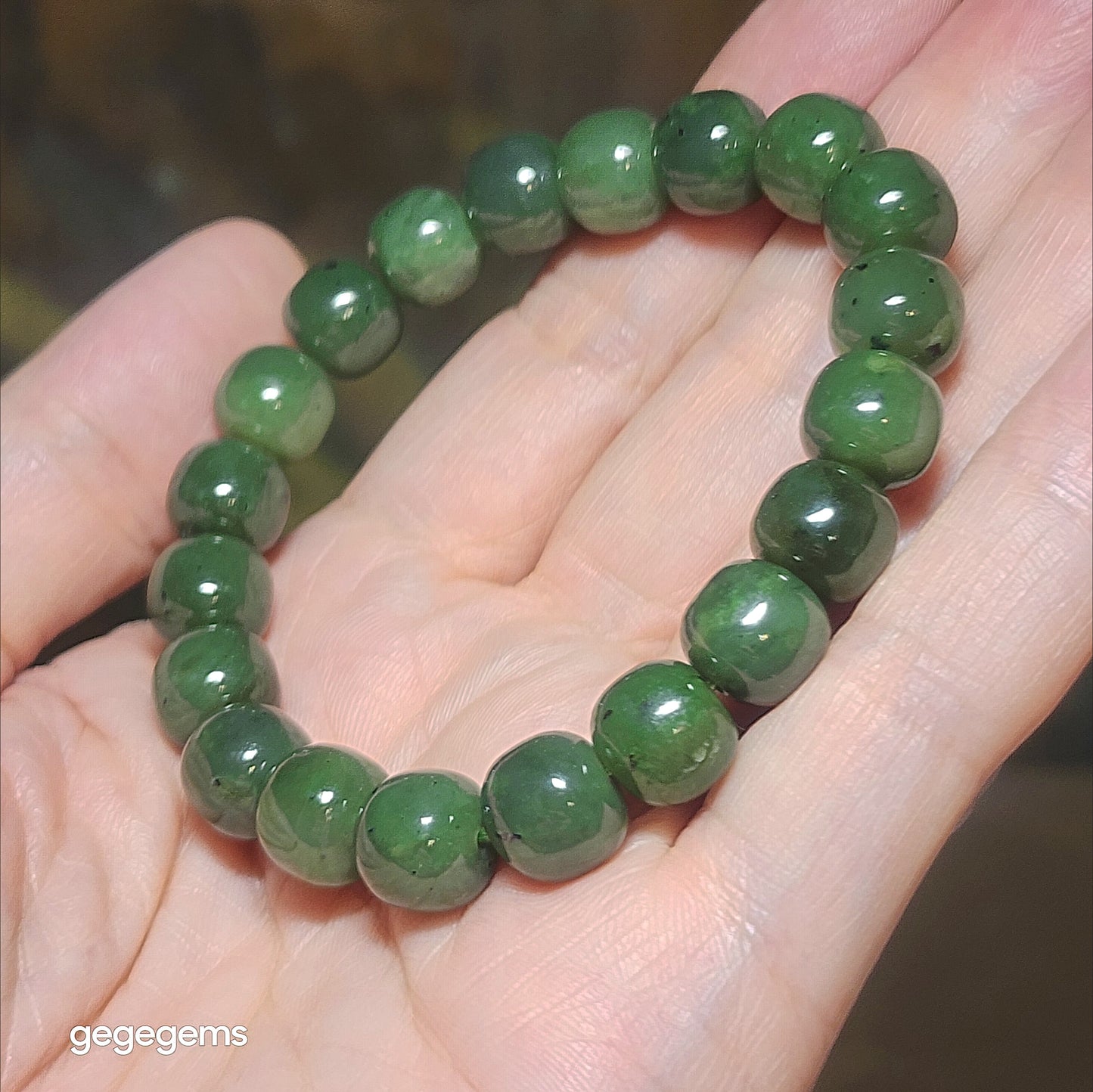 Gegegems premium 10mm Nephrite green traditional old style beads Jade bracelet (with certificate) 优质和田玉碧绿老型珠手链(带证书) #8