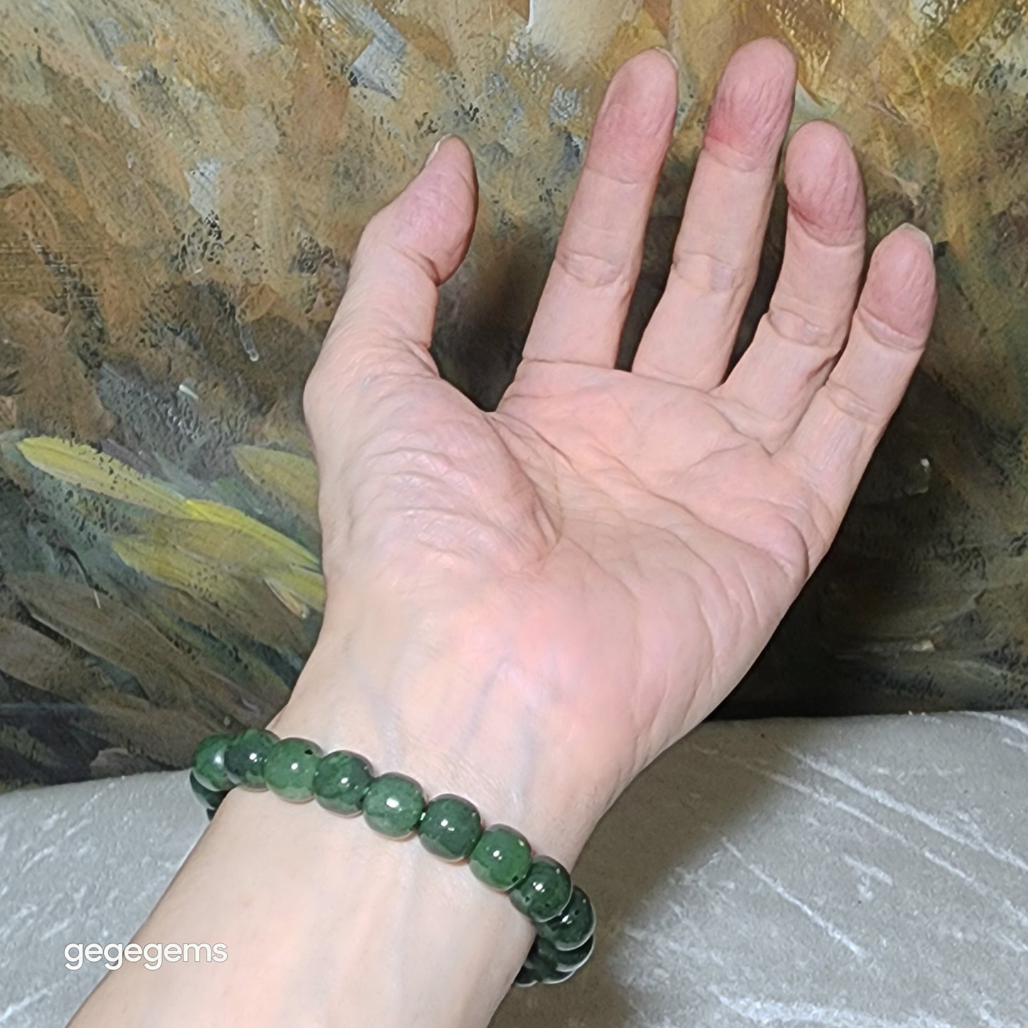 Gegegems premium 10mm Nephrite green traditional old style beads Jade bracelet (with certificate) 优质和田玉碧绿老型珠手链(带证书) #8