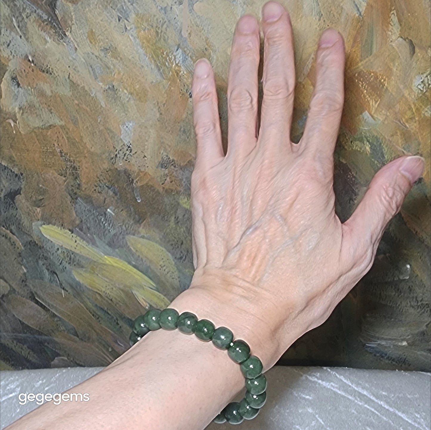 Gegegems premium 10mm Nephrite green traditional old style beads Jade bracelet (with certificate) 优质和田玉碧绿老型珠手链(带证书) #8