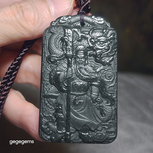 Gegegems premium natural Nephrite deep green double sides carvings Guan Gong, Dragon, Auspicious Clouds and in Ancient Chinese "Supremely Honourable & Righteous" pendant (with certificate) 精品和田玉塔青深绿双面雕刻关公、龙、祥云、义薄云天吊坠(带证书)