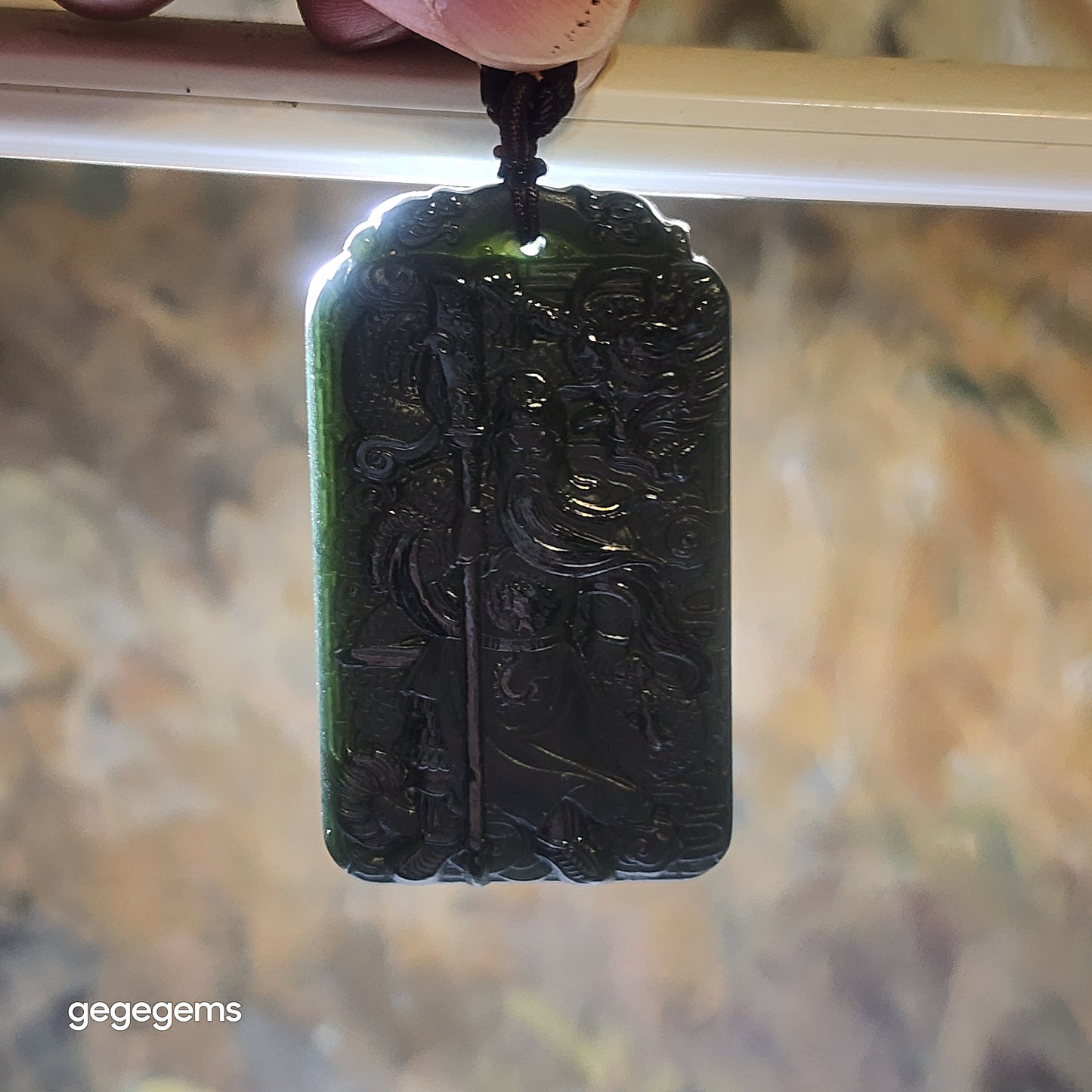 Gegegems premium natural Nephrite deep green double sides carvings Guan Gong, Dragon, Auspicious Clouds and in Ancient Chinese "Supremely Honourable & Righteous" pendant (with certificate) 精品和田玉塔青深绿双面雕刻关公、龙、祥云、义薄云天吊坠(带证书)