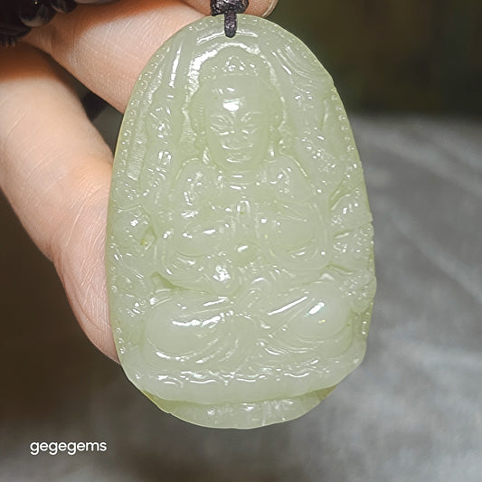 Gegegems premium Nephrite light yellowish green Thousand Hands Guan Yin Jade pendant (with certificate) 优质和田玉且末浅青黃千手观音(生肖鼠守护神)吊坠(带证书)