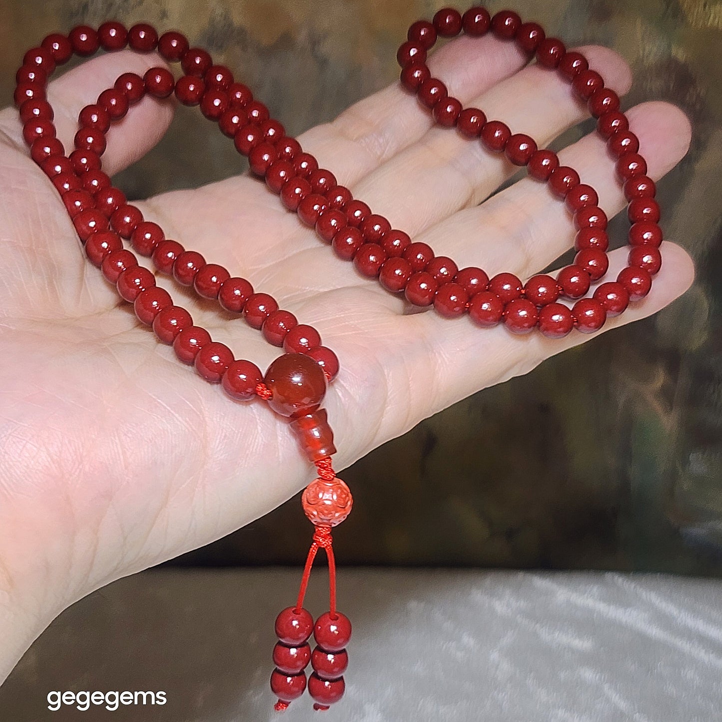 Premium Cinnabar beads 6.2mm 108 & 7.5mm carved Copper Coins and Red Agate Hulu centrepiece necklace 优质原矿朱砂108念珠项链配朱砂雕刻铜钱红玛瑙三通