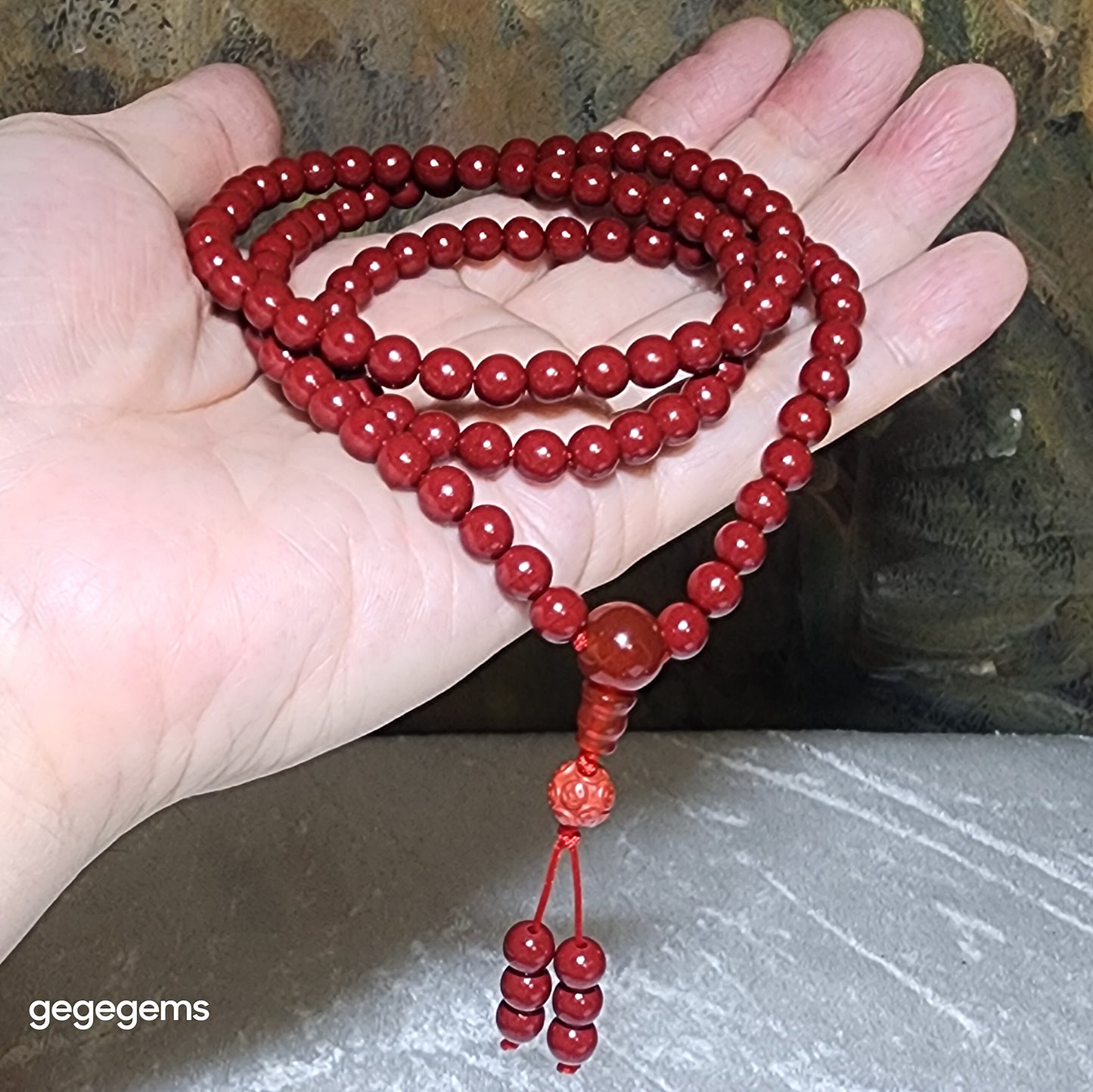Premium Cinnabar beads 6.2mm 108 & 7.5mm carved Copper Coins and Red Agate Hulu centrepiece necklace 优质原矿朱砂108念珠项链配朱砂雕刻铜钱红玛瑙三通