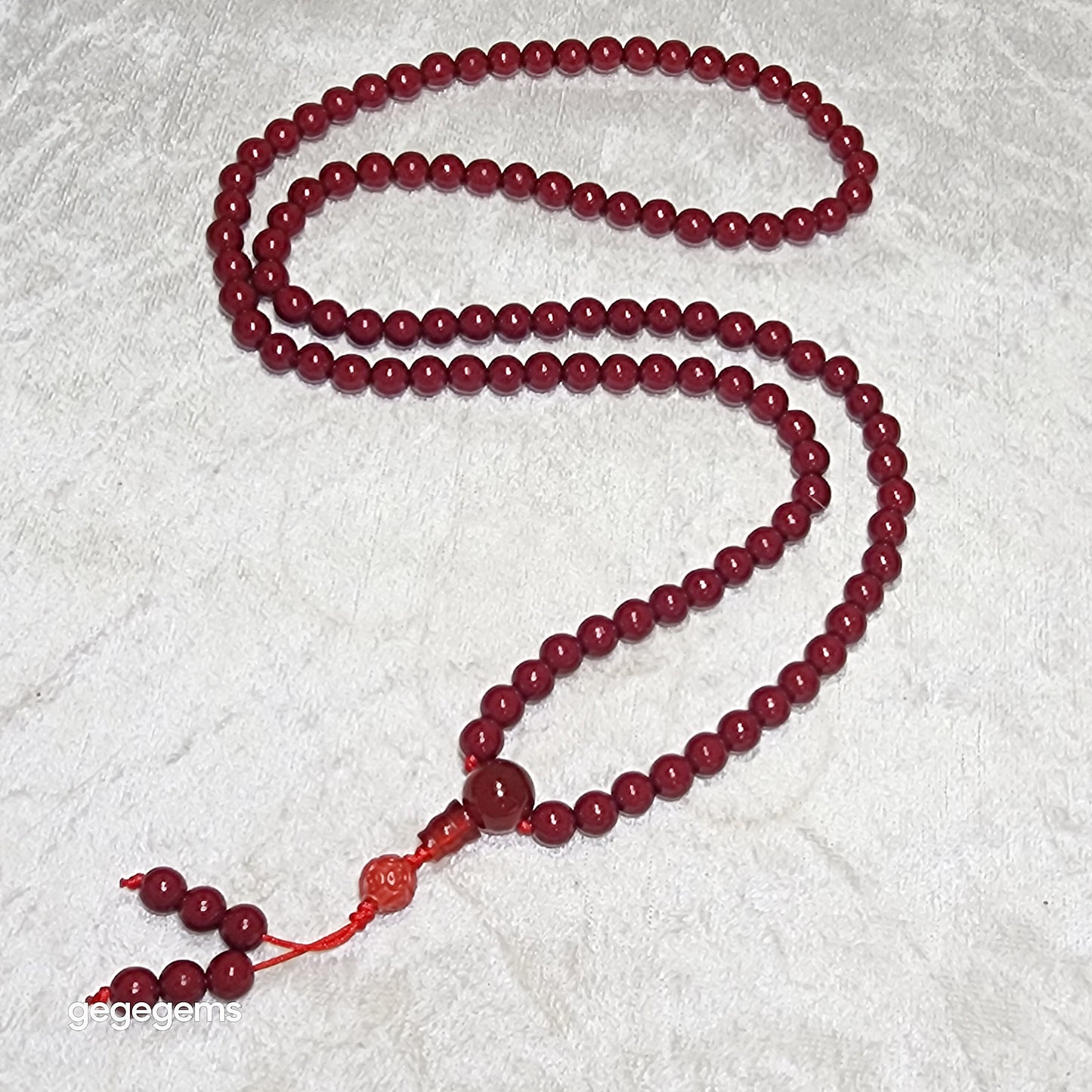 Premium Cinnabar beads 6.2mm 108 & 7.5mm carved Copper Coins and Red Agate Hulu centrepiece necklace 优质原矿朱砂108念珠项链配朱砂雕刻铜钱红玛瑙三通
