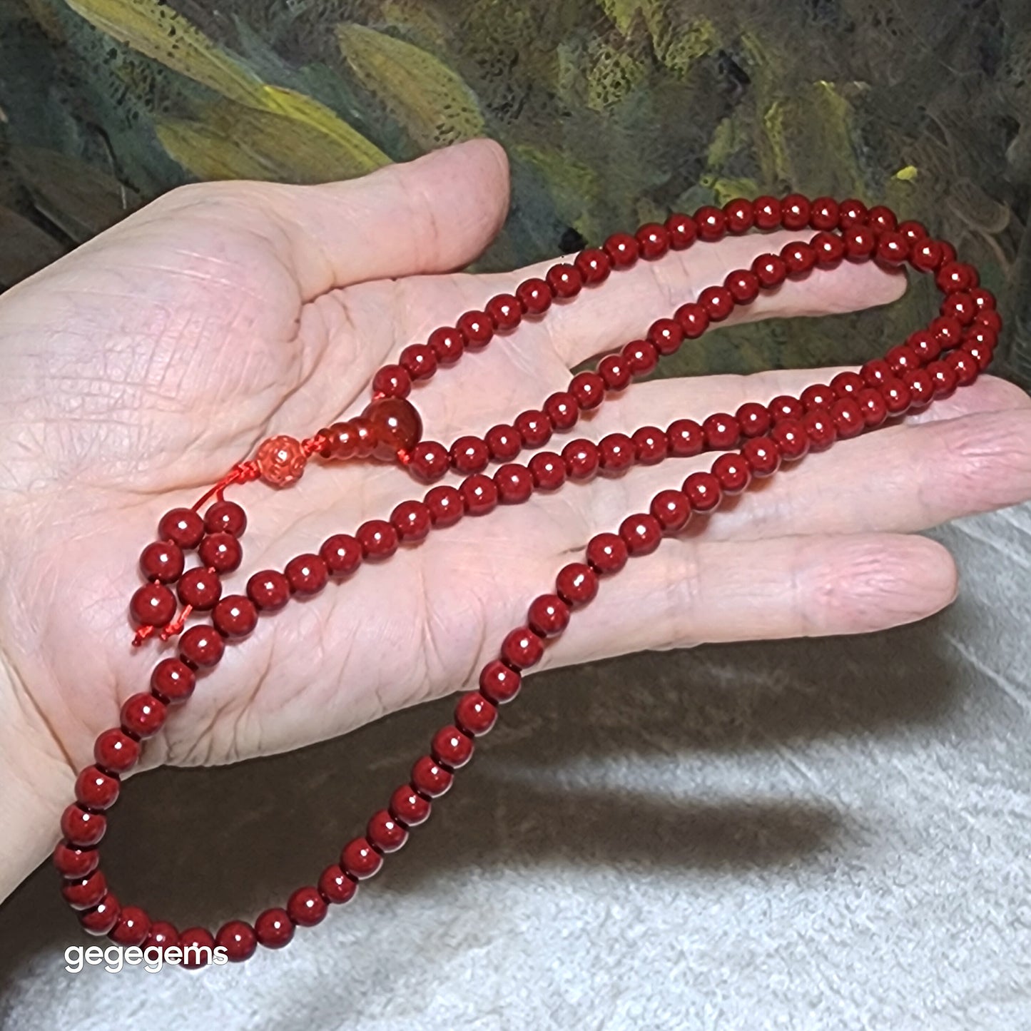 Premium Cinnabar beads 6.2mm 108 & 7.5mm carved Copper Coins and Red Agate Hulu centrepiece necklace 优质原矿朱砂108念珠项链配朱砂雕刻铜钱红玛瑙三通