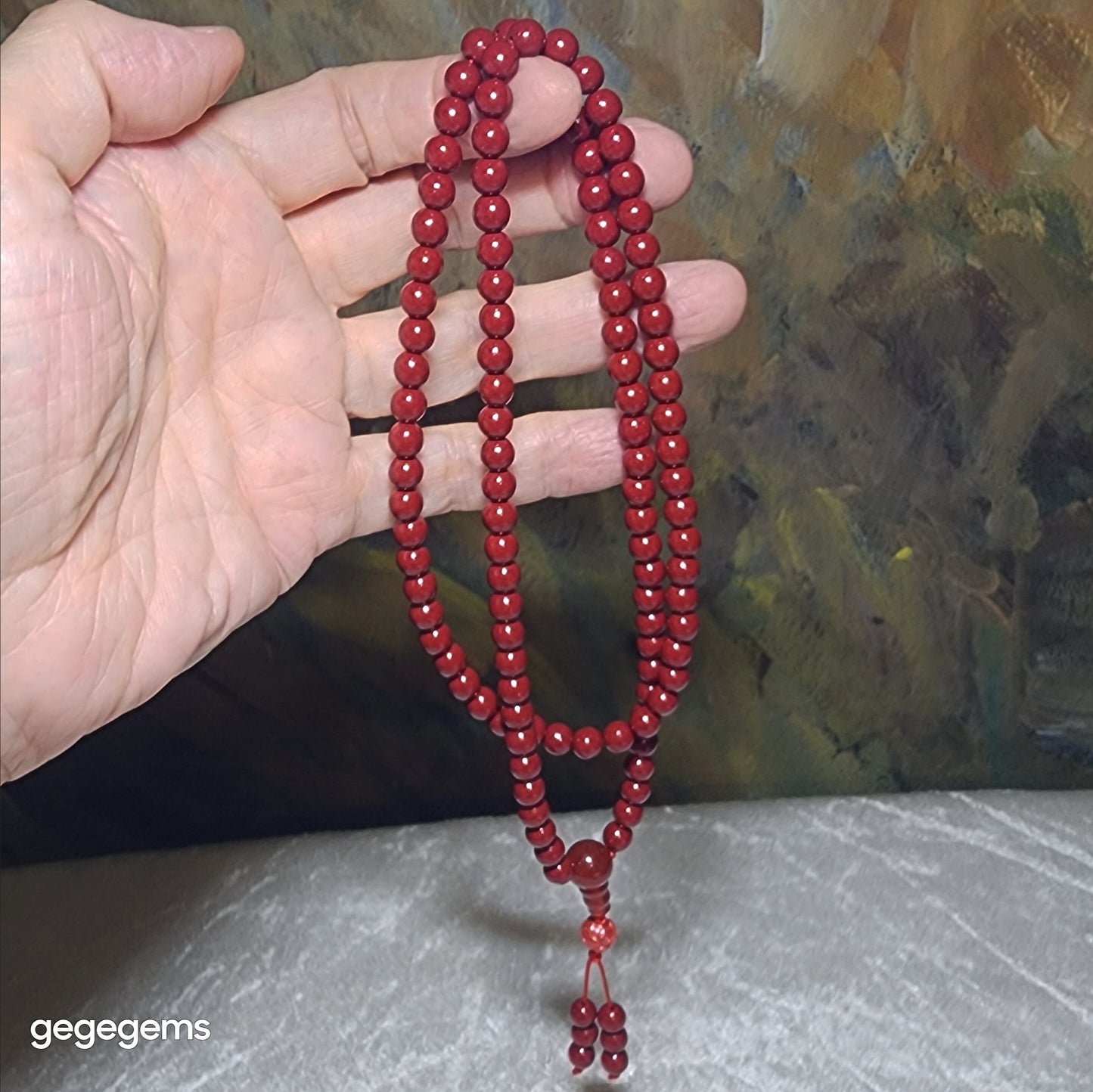 Premium Cinnabar beads 6.2mm 108 & 7.5mm carved Copper Coins and Red Agate Hulu centrepiece necklace 优质原矿朱砂108念珠项链配朱砂雕刻铜钱红玛瑙三通