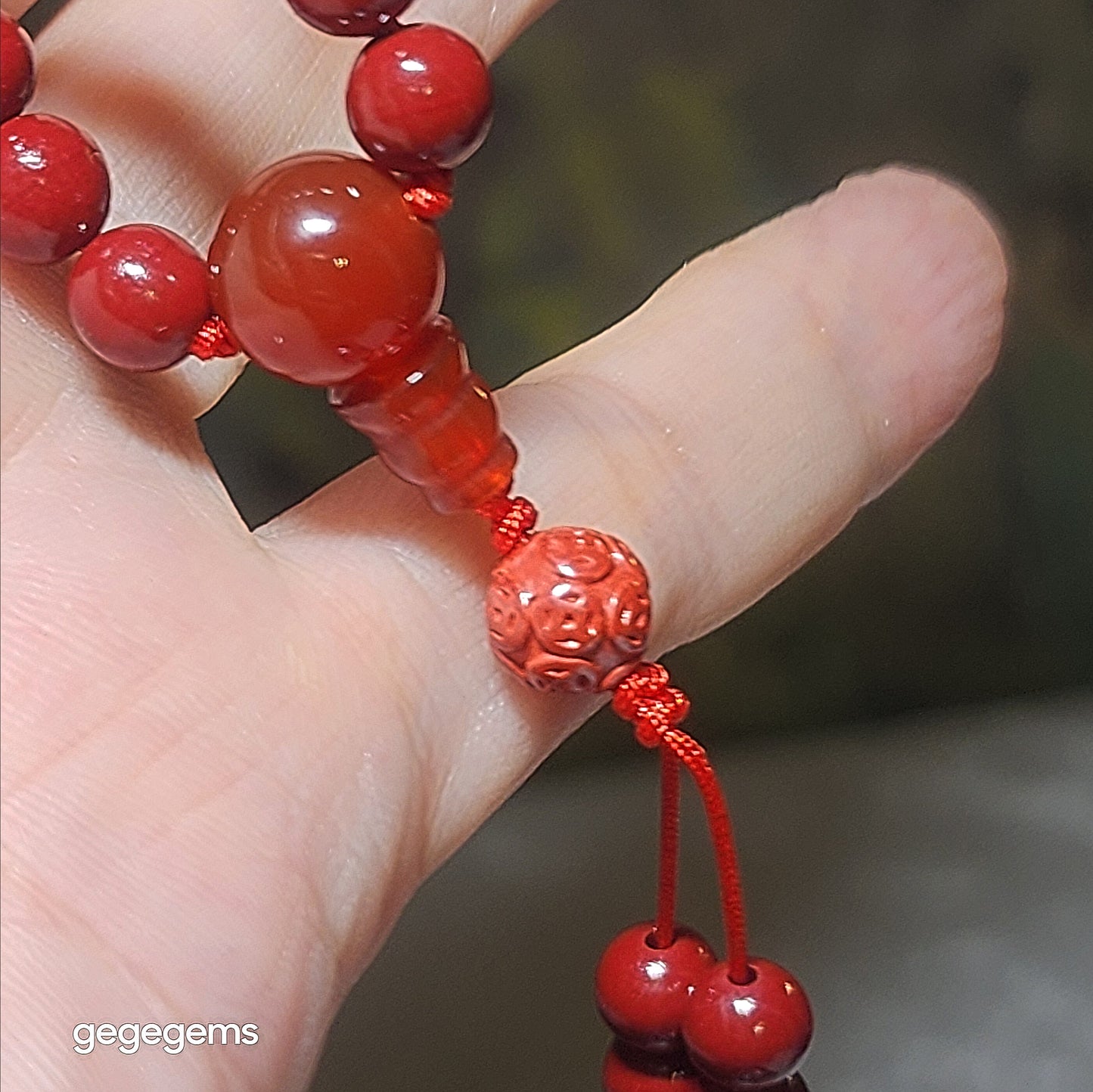 Premium Cinnabar beads 6.2mm 108 & 7.5mm carved Copper Coins and Red Agate Hulu centrepiece necklace 优质原矿朱砂108念珠项链配朱砂雕刻铜钱红玛瑙三通