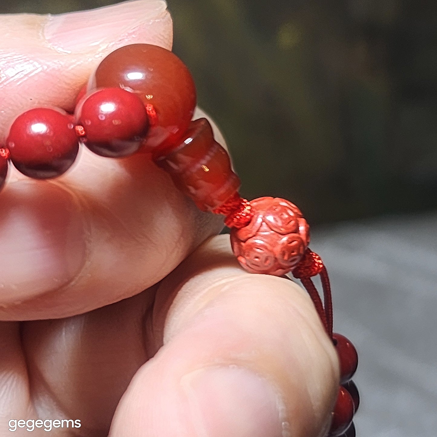 Premium Cinnabar beads 6.2mm 108 & 7.5mm carved Copper Coins and Red Agate Hulu centrepiece necklace 优质原矿朱砂108念珠项链配朱砂雕刻铜钱红玛瑙三通