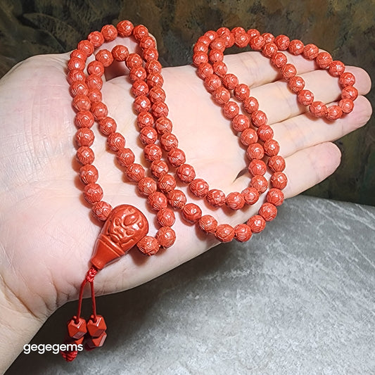 Gegegems purest natural Cinnabar 108 mala necklace (6.6mm Lotus 7.5mm Tang Balang and 22mm Pi Xiu hulu centrepiece) 精品原矿朱砂雕刻莲花配同料貔貅三通唐八棱108念珠项链
