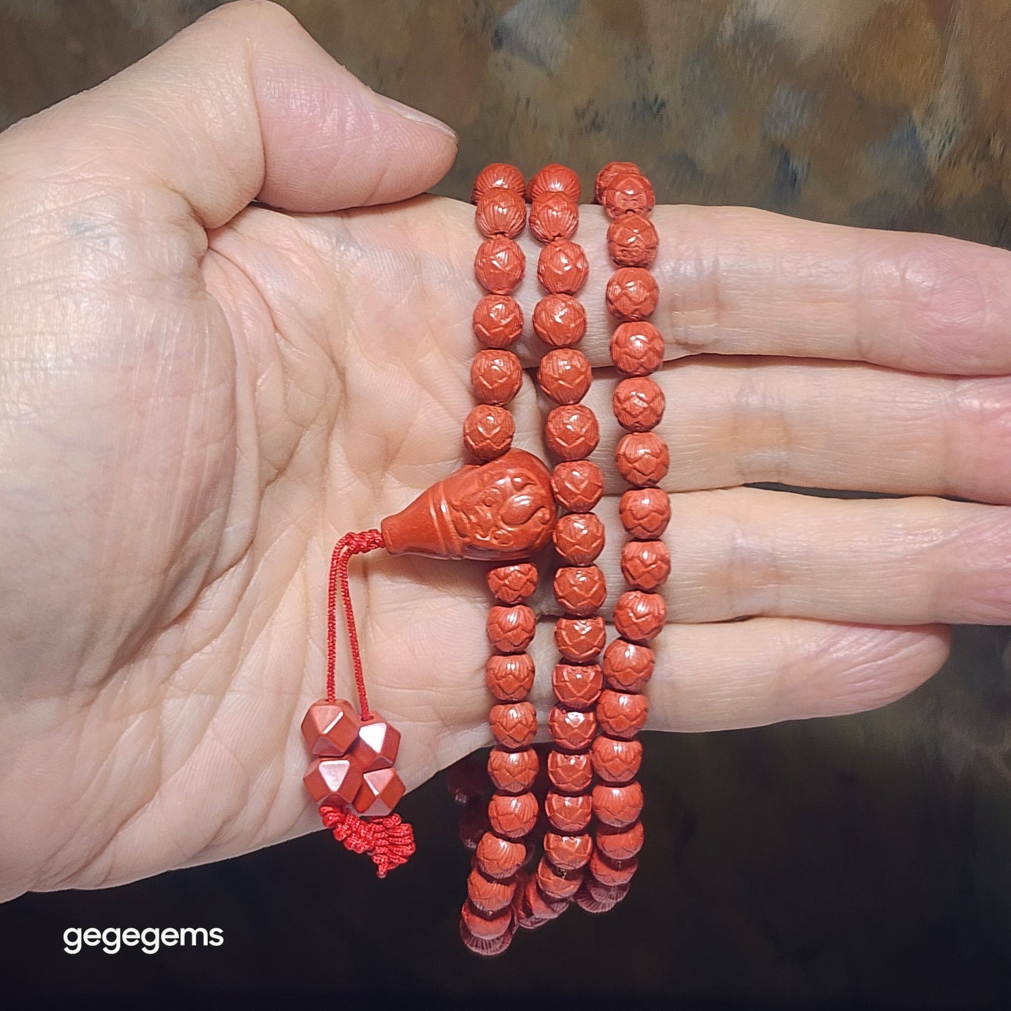 Gegegems purest natural Cinnabar 108 mala necklace (6.6mm Lotus 7.5mm Tang Balang and 22mm Pi Xiu hulu centrepiece) 精品原矿朱砂雕刻莲花配同料貔貅三通唐八棱108念珠项链