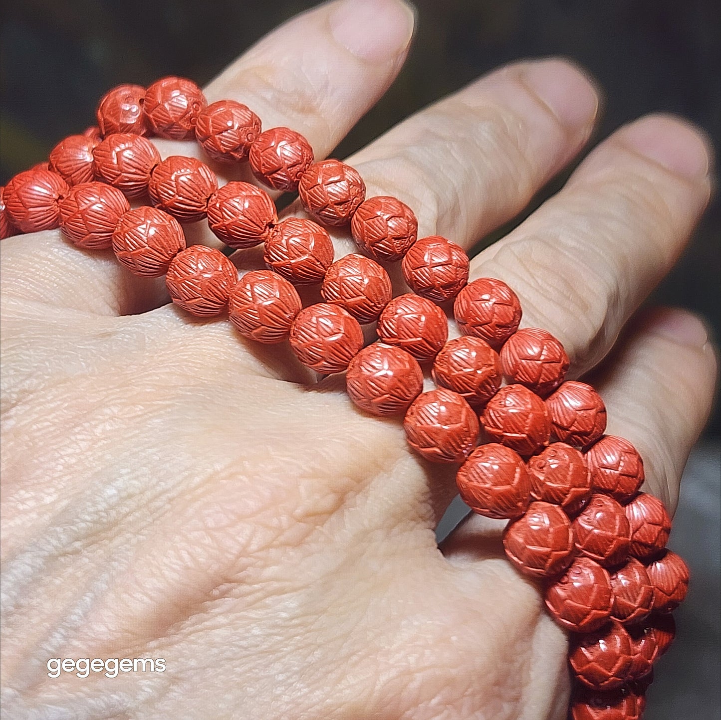 Gegegems purest natural Cinnabar 108 mala necklace (6.6mm Lotus 7.5mm Tang Balang and 22mm Pi Xiu hulu centrepiece) 精品原矿朱砂雕刻莲花配同料貔貅三通唐八棱108念珠项链