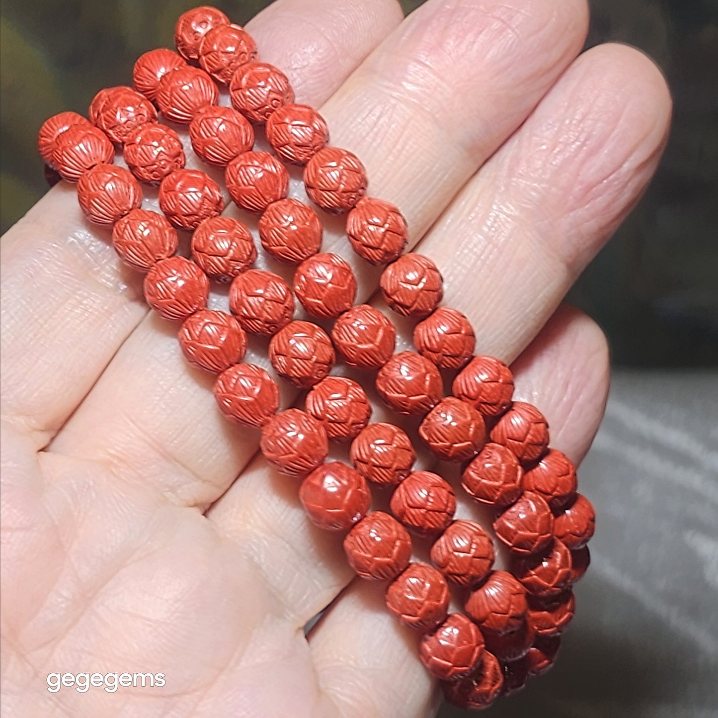 Gegegems purest natural Cinnabar 108 mala necklace (6.6mm Lotus 7.5mm Tang Balang and 22mm Pi Xiu hulu centrepiece) 精品原矿朱砂雕刻莲花配同料貔貅三通唐八棱108念珠项链