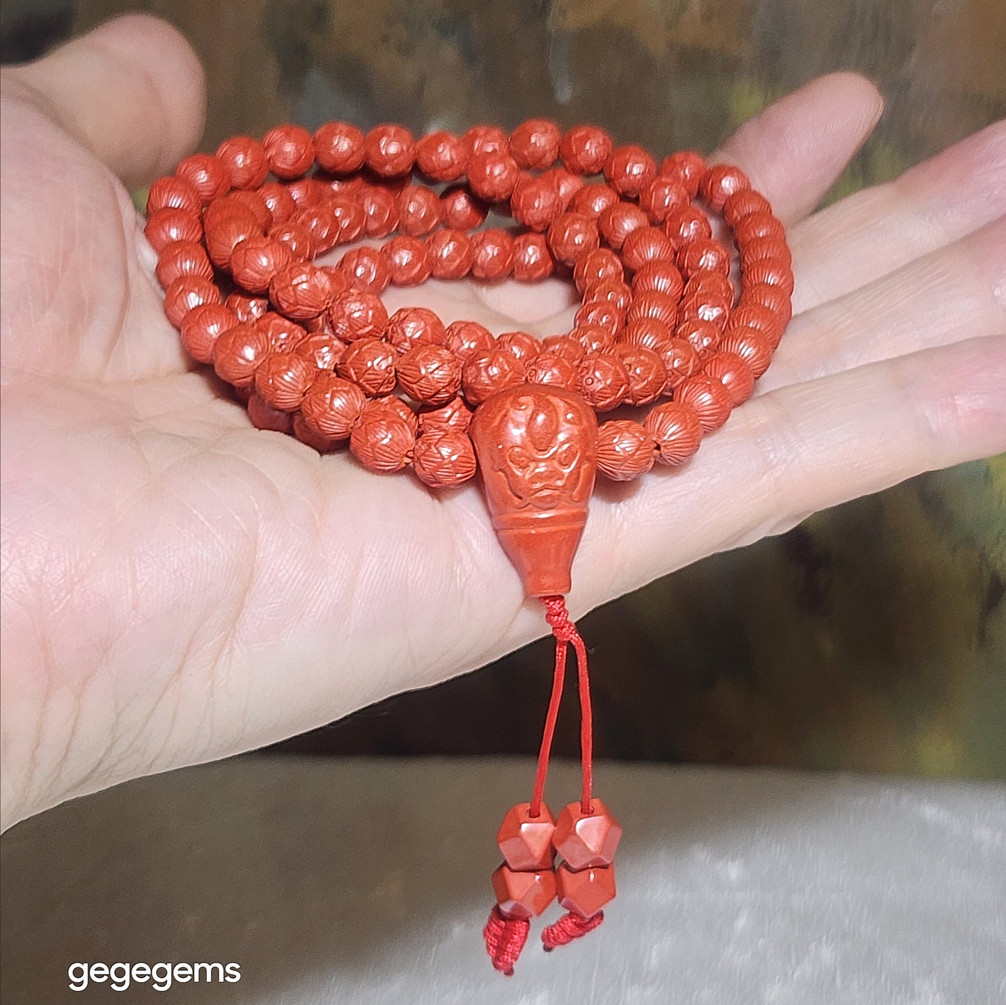 Gegegems purest natural Cinnabar 108 mala necklace (6.6mm Lotus 7.5mm Tang Balang and 22mm Pi Xiu hulu centrepiece) 精品原矿朱砂雕刻莲花配同料貔貅三通唐八棱108念珠项链