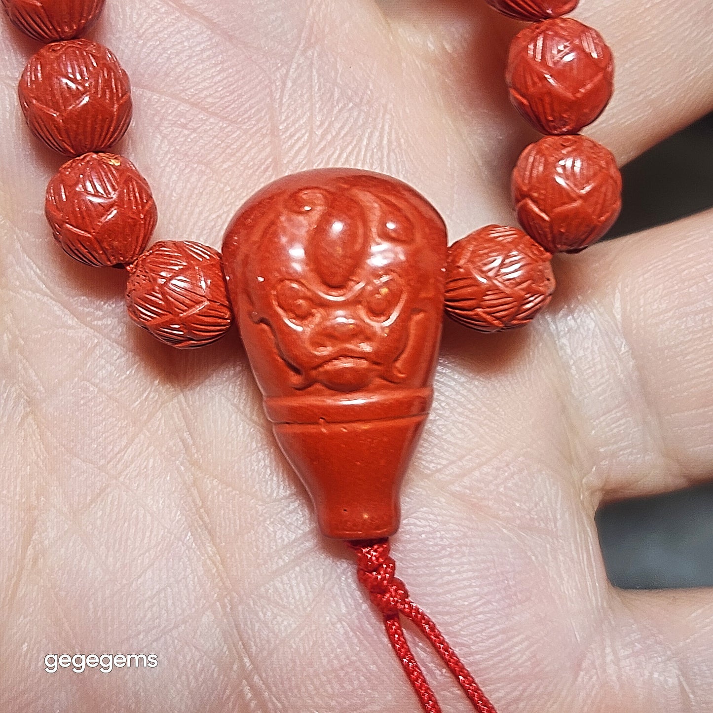 Gegegems purest natural Cinnabar 108 mala necklace (6.6mm Lotus 7.5mm Tang Balang and 22mm Pi Xiu hulu centrepiece) 精品原矿朱砂雕刻莲花配同料貔貅三通唐八棱108念珠项链