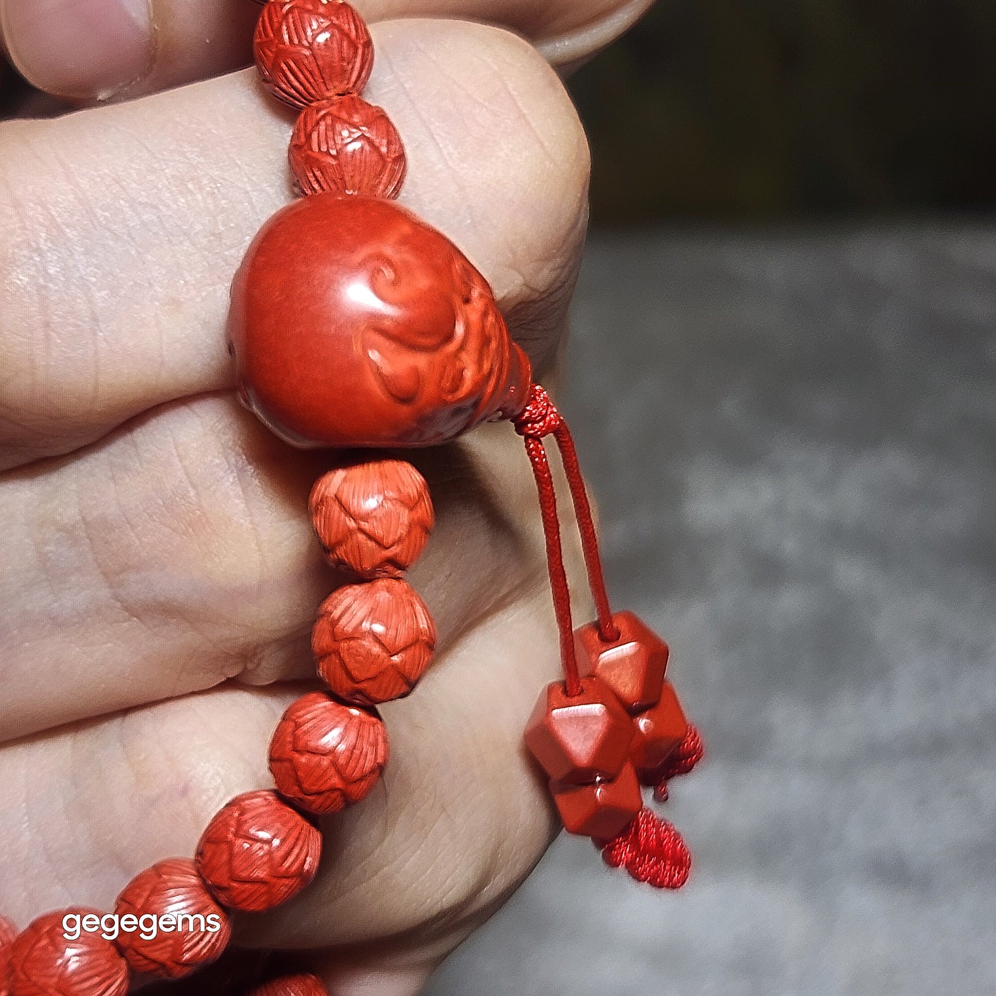 Gegegems purest natural Cinnabar 108 mala necklace (6.6mm Lotus 7.5mm Tang Balang and 22mm Pi Xiu hulu centrepiece) 精品原矿朱砂雕刻莲花配同料貔貅三通唐八棱108念珠项链