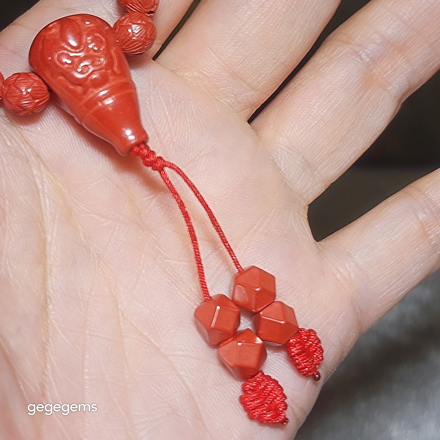 Gegegems purest natural Cinnabar 108 mala necklace (6.6mm Lotus 7.5mm Tang Balang and 22mm Pi Xiu hulu centrepiece) 精品原矿朱砂雕刻莲花配同料貔貅三通唐八棱108念珠项链