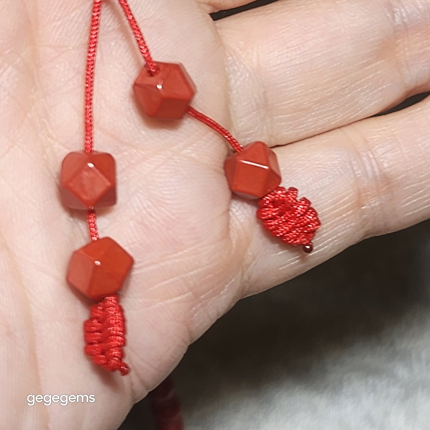 Gegegems purest natural Cinnabar 108 mala necklace (6.6mm Lotus 7.5mm Tang Balang and 22mm Pi Xiu hulu centrepiece) 精品原矿朱砂雕刻莲花配同料貔貅三通唐八棱108念珠项链