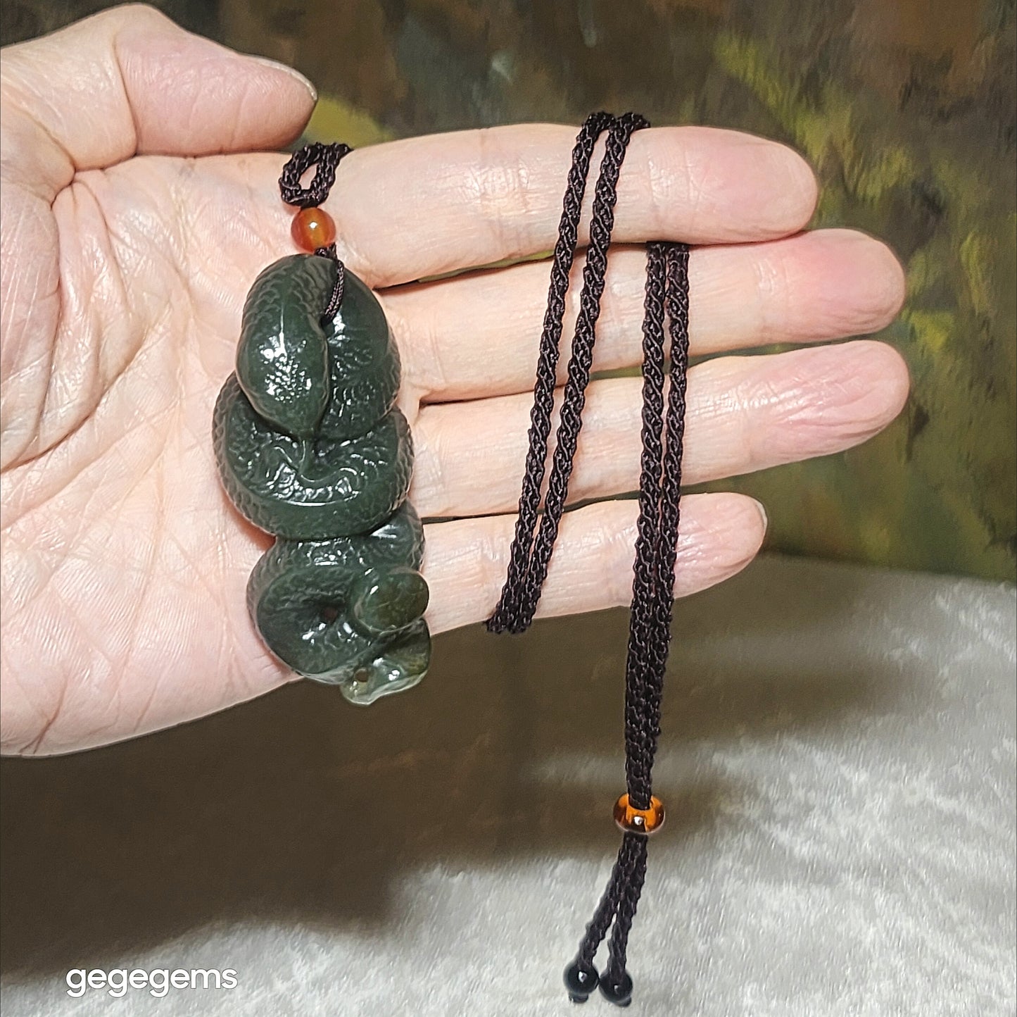 Premium Nephrite caramel brown blue green good greasiness 3 dimensional Snake Copper Coin Jade pendant (with certificate) 优质且末蓝调糖青白油润和田玉蛇铜钱吊坠(带证书)