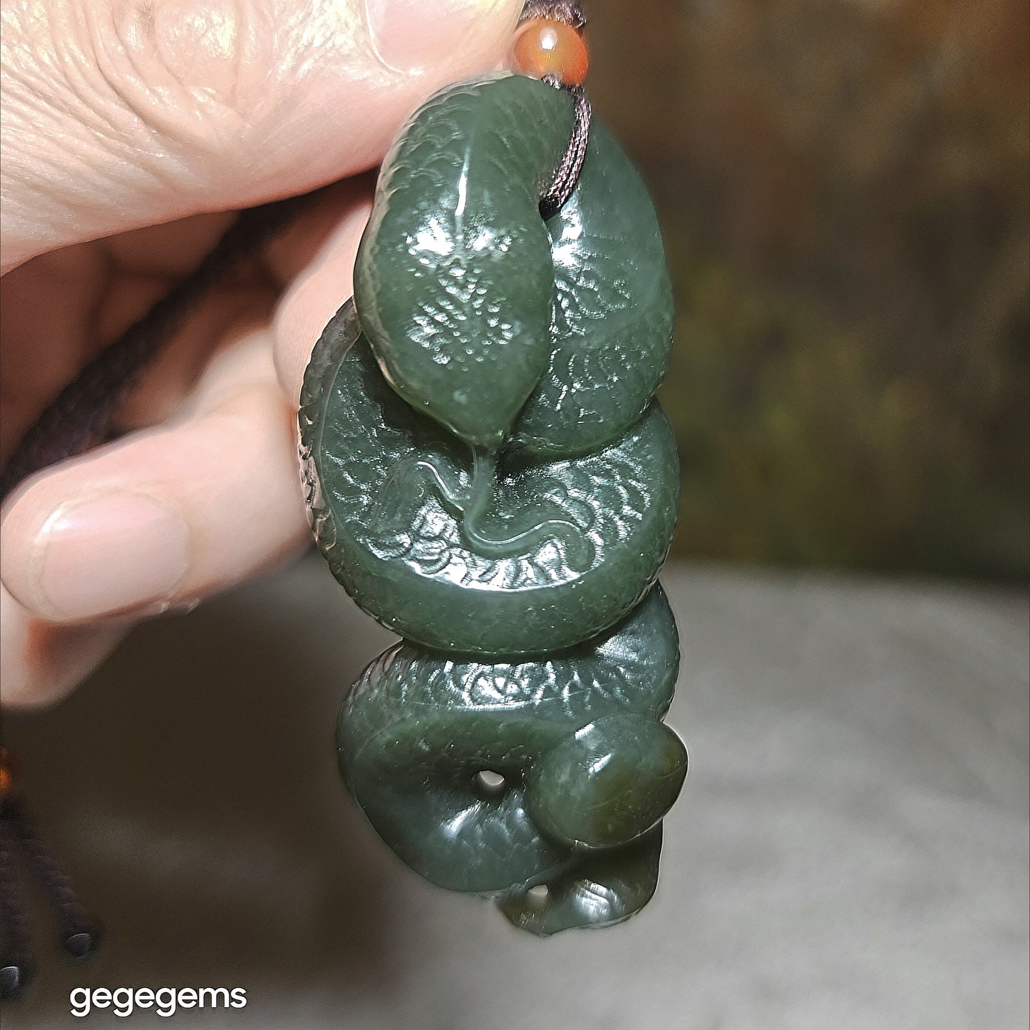 Premium Nephrite caramel brown blue green good greasiness 3 dimensional Snake Copper Coin Jade pendant (with certificate) 优质且末蓝调糖青白油润和田玉蛇铜钱吊坠(带证书)