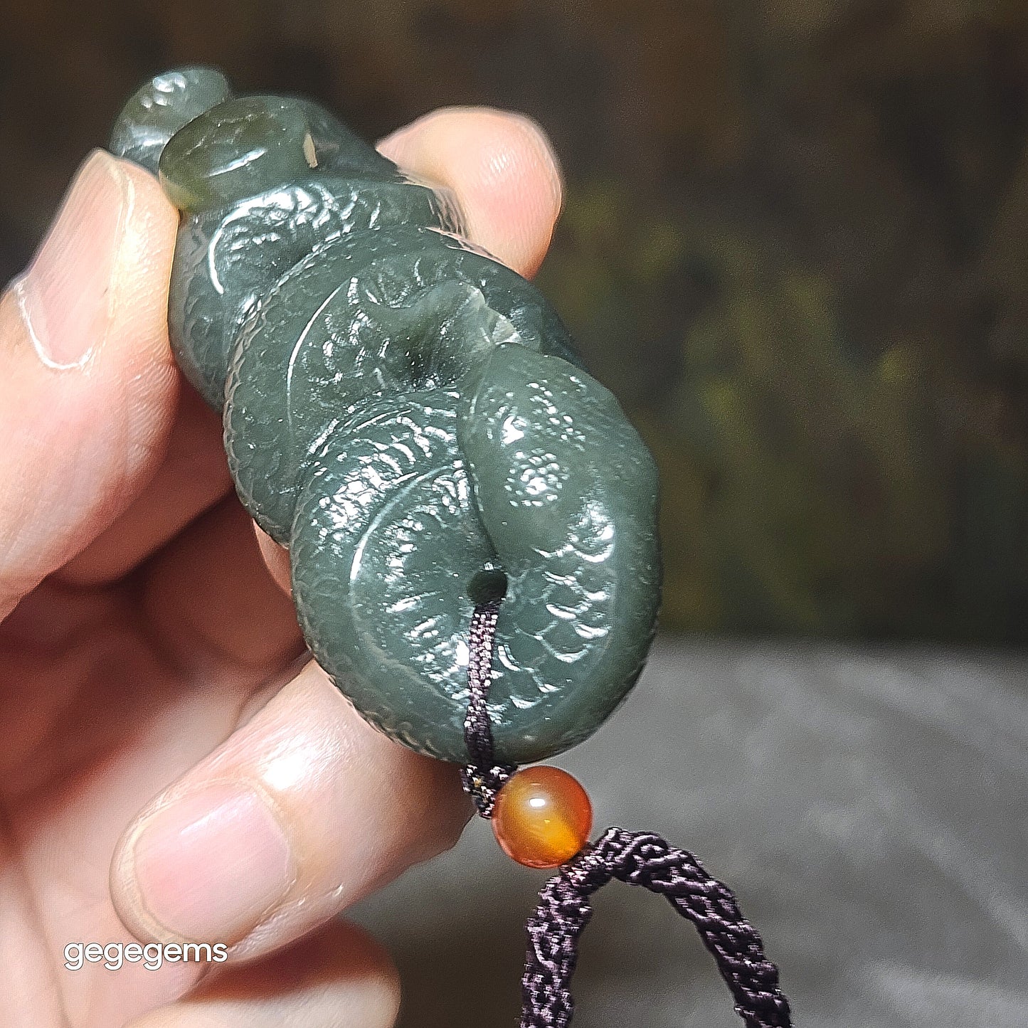 Premium Nephrite caramel brown blue green good greasiness 3 dimensional Snake Copper Coin Jade pendant (with certificate) 优质且末蓝调糖青白油润和田玉蛇铜钱吊坠(带证书)
