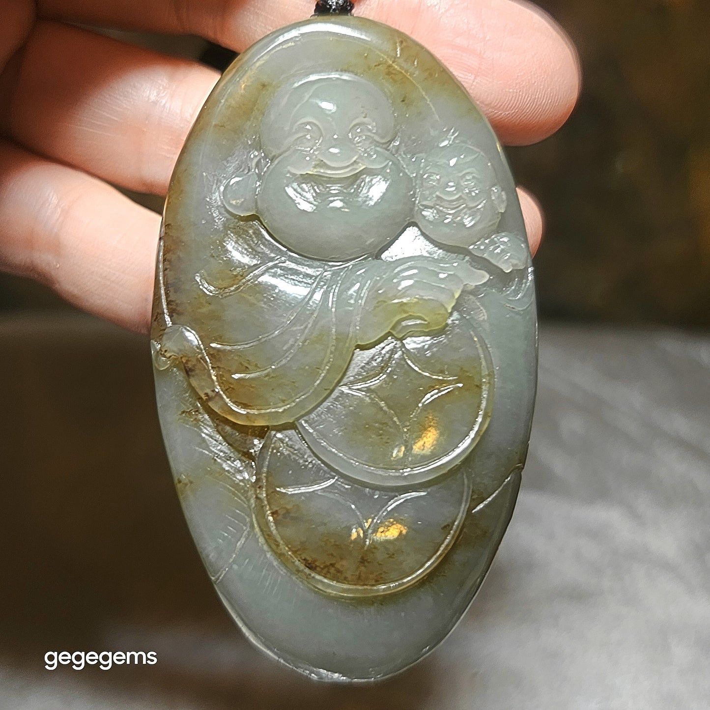 Premium Nephrite caramel brown blue green good greasiness Laughing Buddha & Lucky Boy handheld (with certificate) 优质且末糖蓝调油润和田玉佛童子荷叶把件(带证书)
