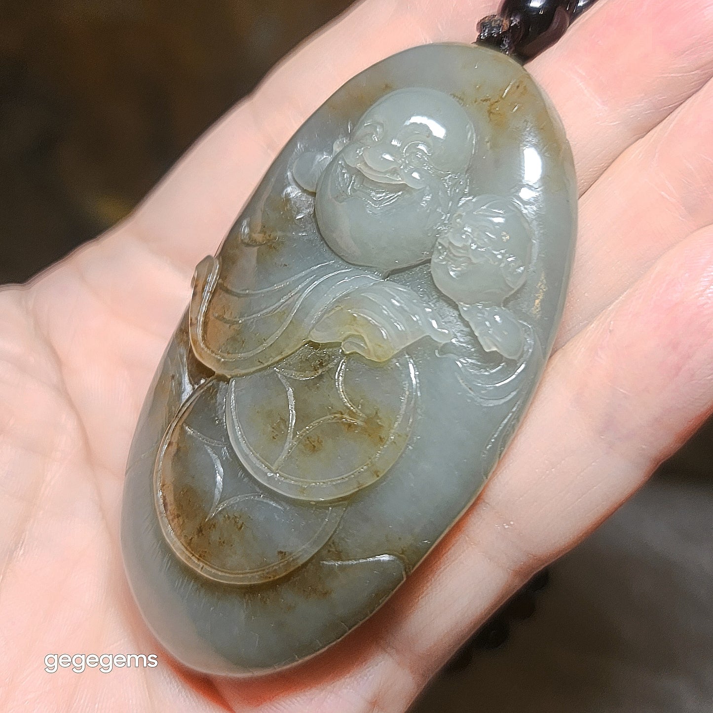 Premium Nephrite caramel brown blue green good greasiness Laughing Buddha & Lucky Boy handheld (with certificate) 优质且末糖蓝调油润和田玉佛童子荷叶把件(带证书)