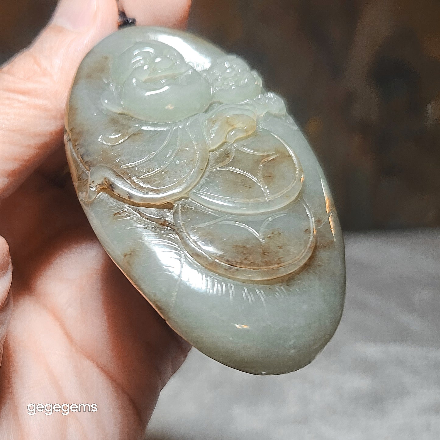 Premium Nephrite caramel brown blue green good greasiness Laughing Buddha & Lucky Boy handheld (with certificate) 优质且末糖蓝调油润和田玉佛童子荷叶把件(带证书)