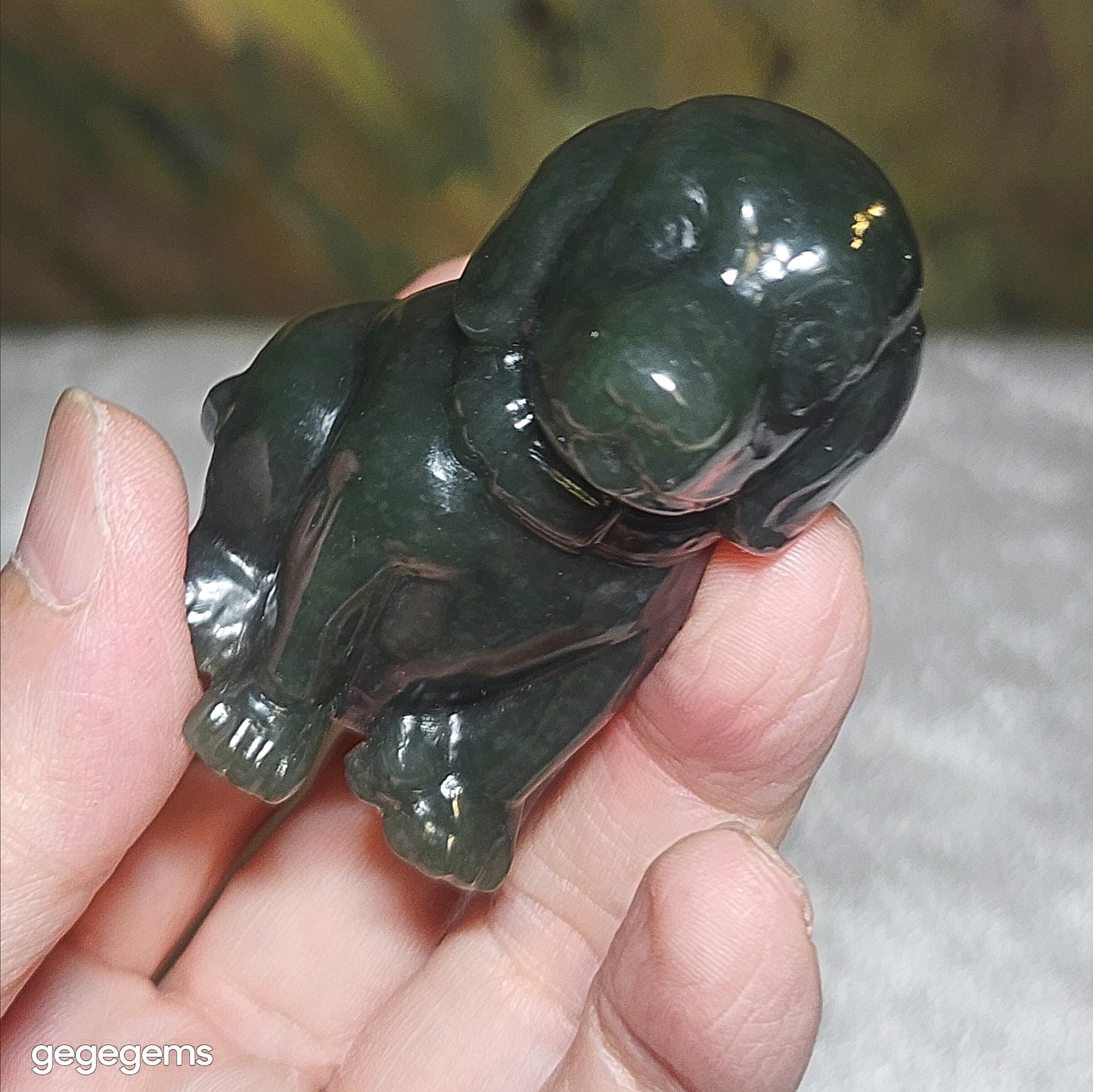 Premium Nephrite blue green good greasiness 3 dimensional Dog display home decor handheld (with certificate) 和田玉且末蓝绿油润立体旺财小狗茶宠小摆件手把(带证书)