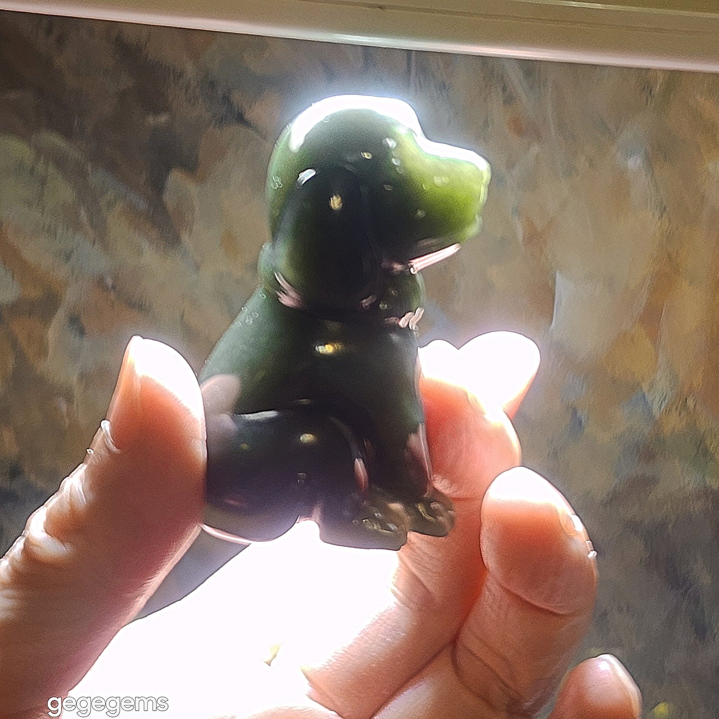 Premium Nephrite blue green good greasiness 3 dimensional Dog display home decor handheld (with certificate) 和田玉且末蓝绿油润立体旺财小狗茶宠小摆件手把(带证书)