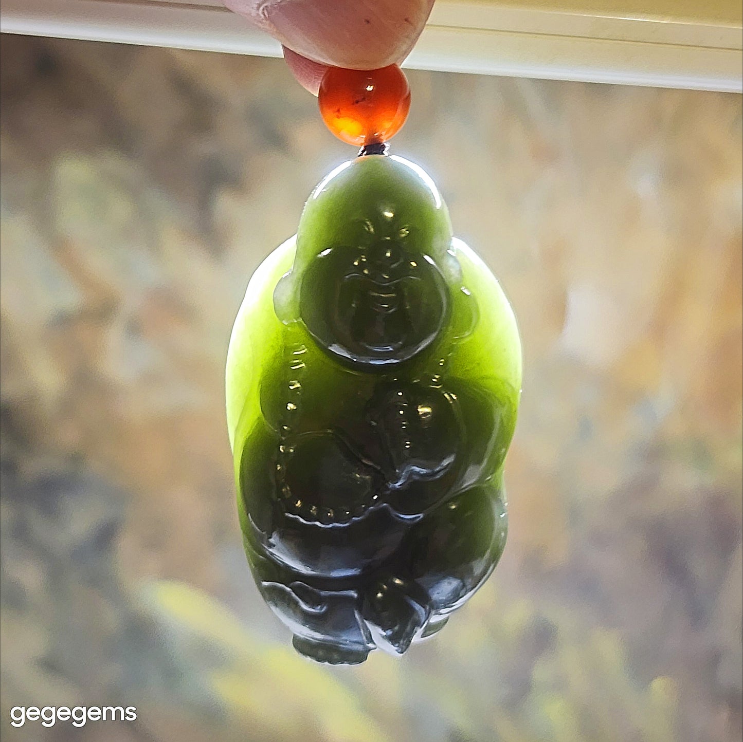 Premium Nephrite blue green good greasiness 3 dimensional Laughing Buddha handheld large pendant (with certificate) 和田玉且末蓝绿油润立体弥勒佛手把大吊坠(带证书)