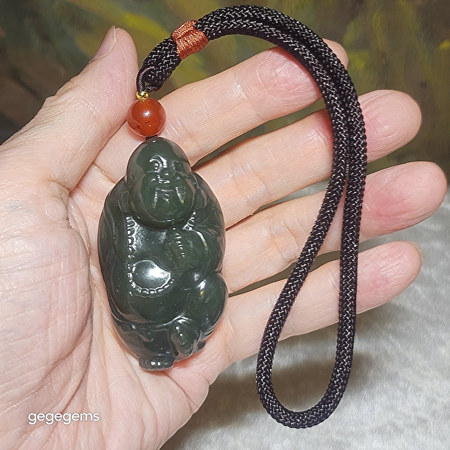 Premium Nephrite blue green good greasiness 3 dimensional Laughing Buddha handheld large pendant (with certificate) 和田玉且末蓝绿油润立体弥勒佛手把大吊坠(带证书)