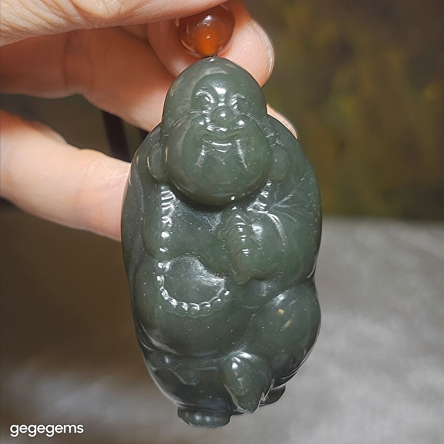 Premium Nephrite blue green good greasiness 3 dimensional Laughing Buddha handheld large pendant (with certificate) 和田玉且末蓝绿油润立体弥勒佛手把大吊坠(带证书)