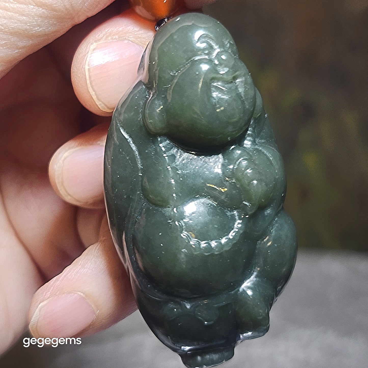 Premium Nephrite blue green good greasiness 3 dimensional Laughing Buddha handheld large pendant (with certificate) 和田玉且末蓝绿油润立体弥勒佛手把大吊坠(带证书)