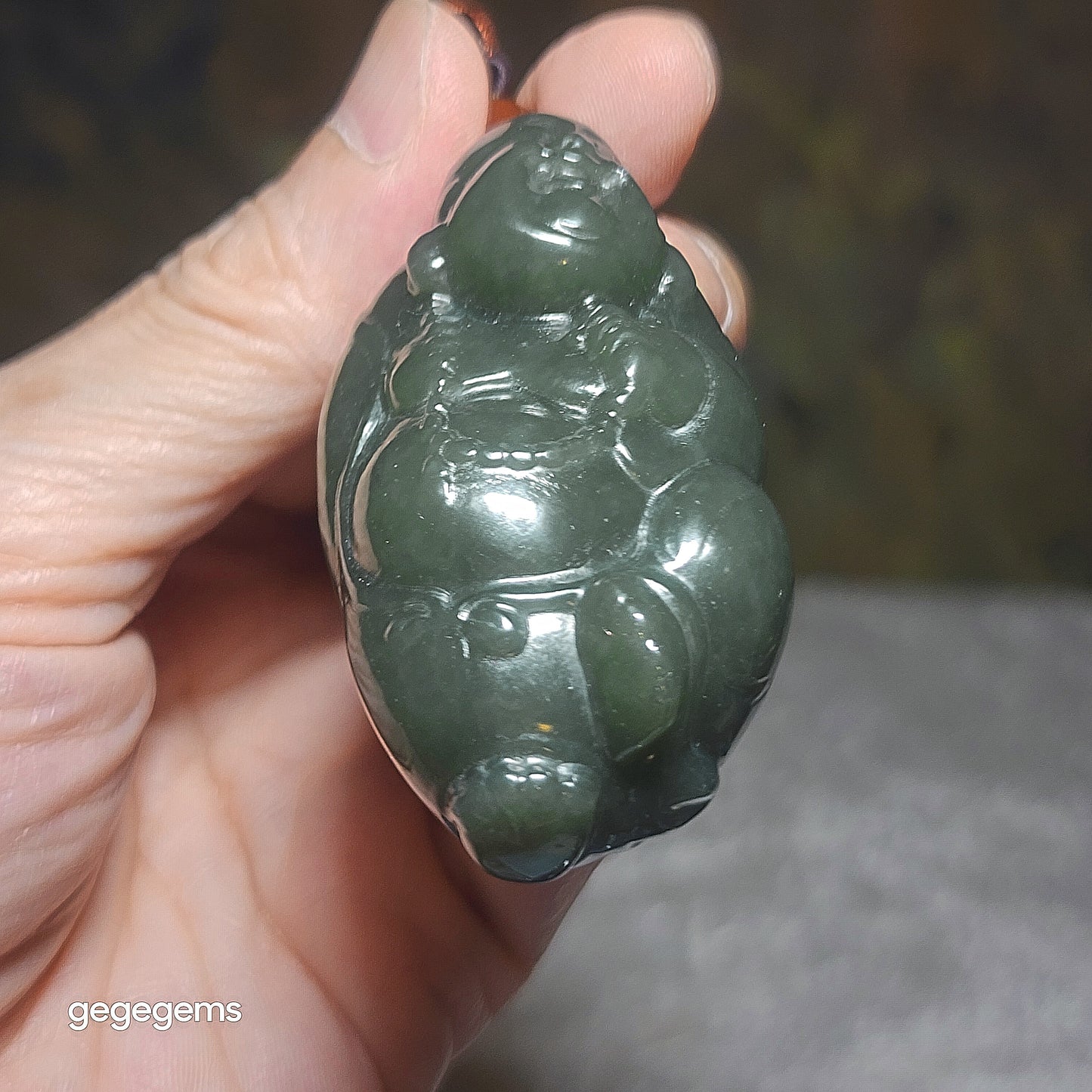 Premium Nephrite blue green good greasiness 3 dimensional Laughing Buddha handheld large pendant (with certificate) 和田玉且末蓝绿油润立体弥勒佛手把大吊坠(带证书)