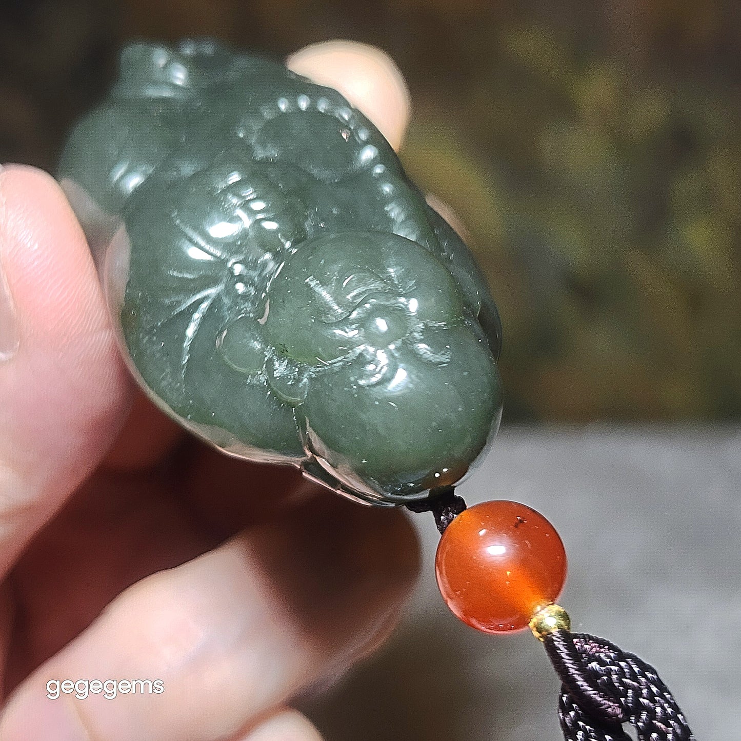 Premium Nephrite blue green good greasiness 3 dimensional Laughing Buddha handheld large pendant (with certificate) 和田玉且末蓝绿油润立体弥勒佛手把大吊坠(带证书)