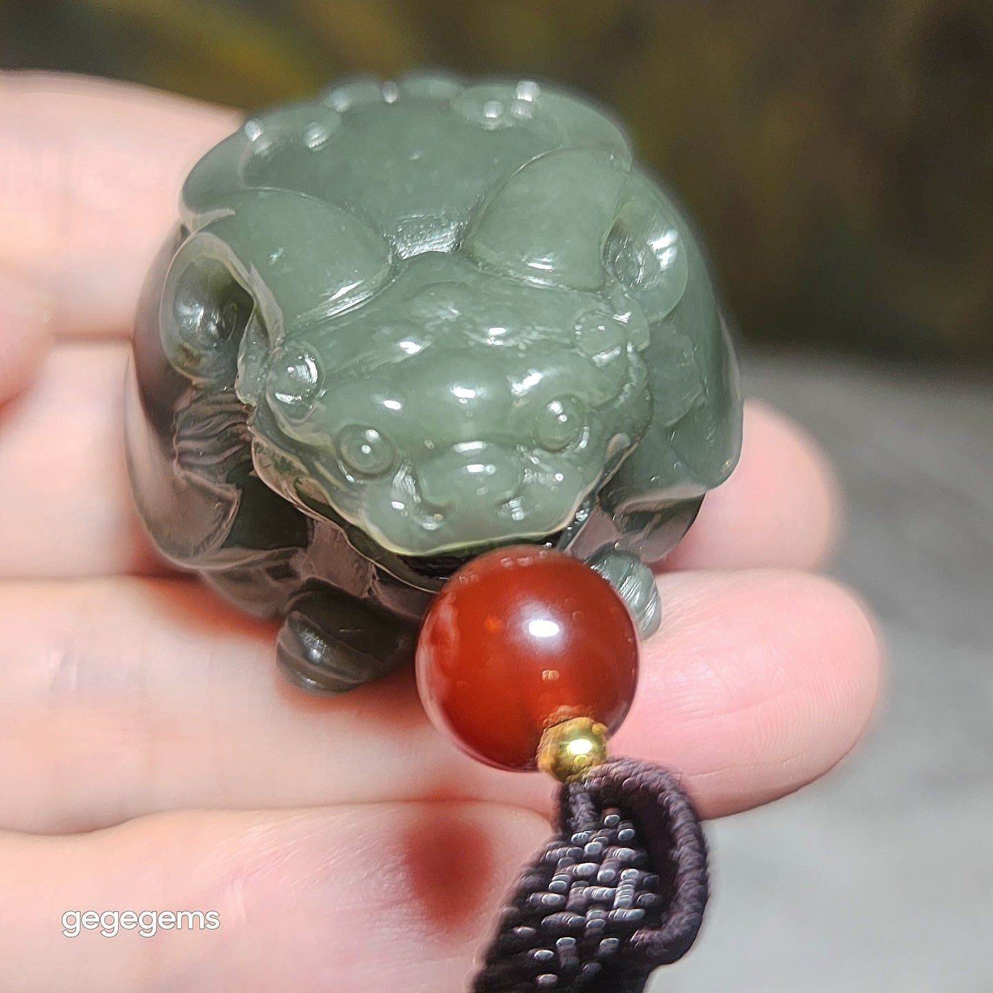 Premium Nephrite good greasiness light green with some caramel brown 3 dimensional Dragon Tortoise Jade handheld large pendant (with certificate) 优质和田玉且末青白糖油润立体龙龟手把大吊坠(带证书)