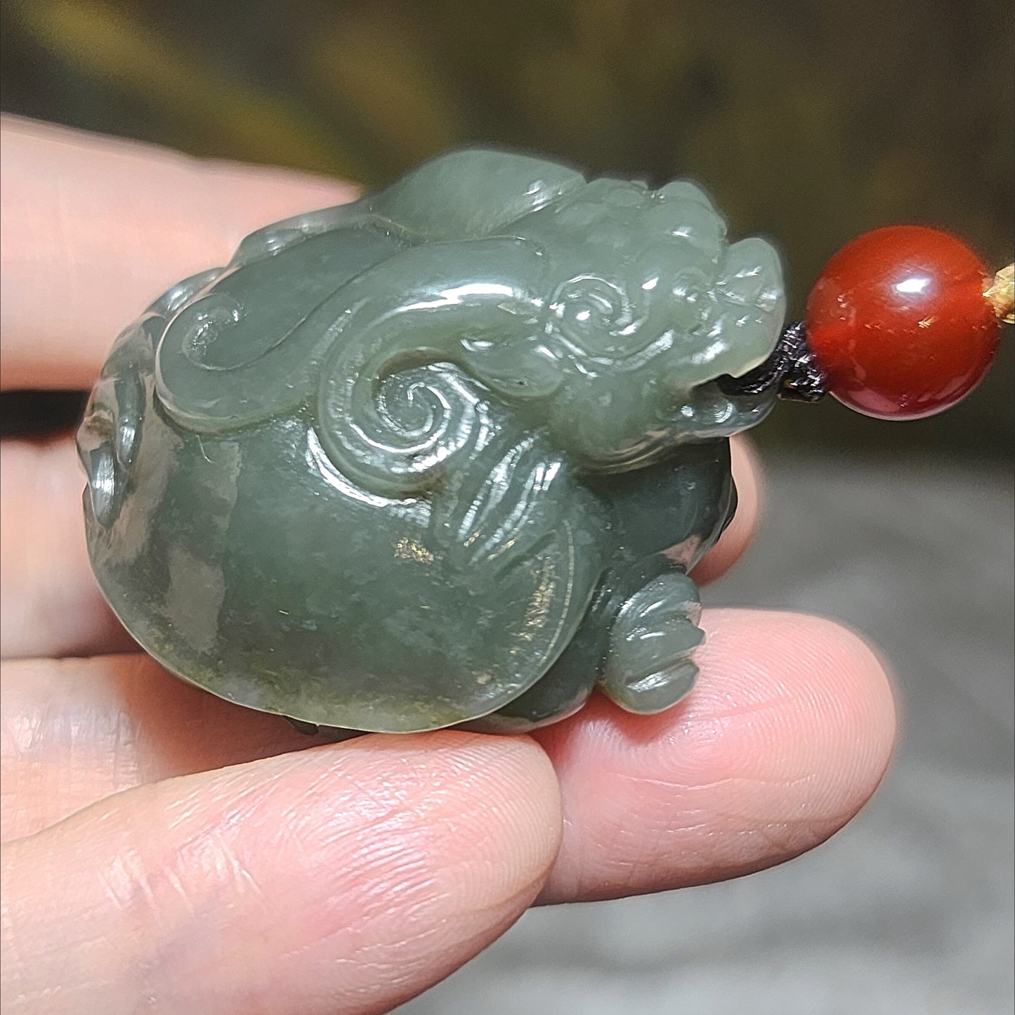 Premium Nephrite good greasiness light green with some caramel brown 3 dimensional Dragon Tortoise Jade handheld large pendant (with certificate) 优质和田玉且末青白糖油润立体龙龟手把大吊坠(带证书)