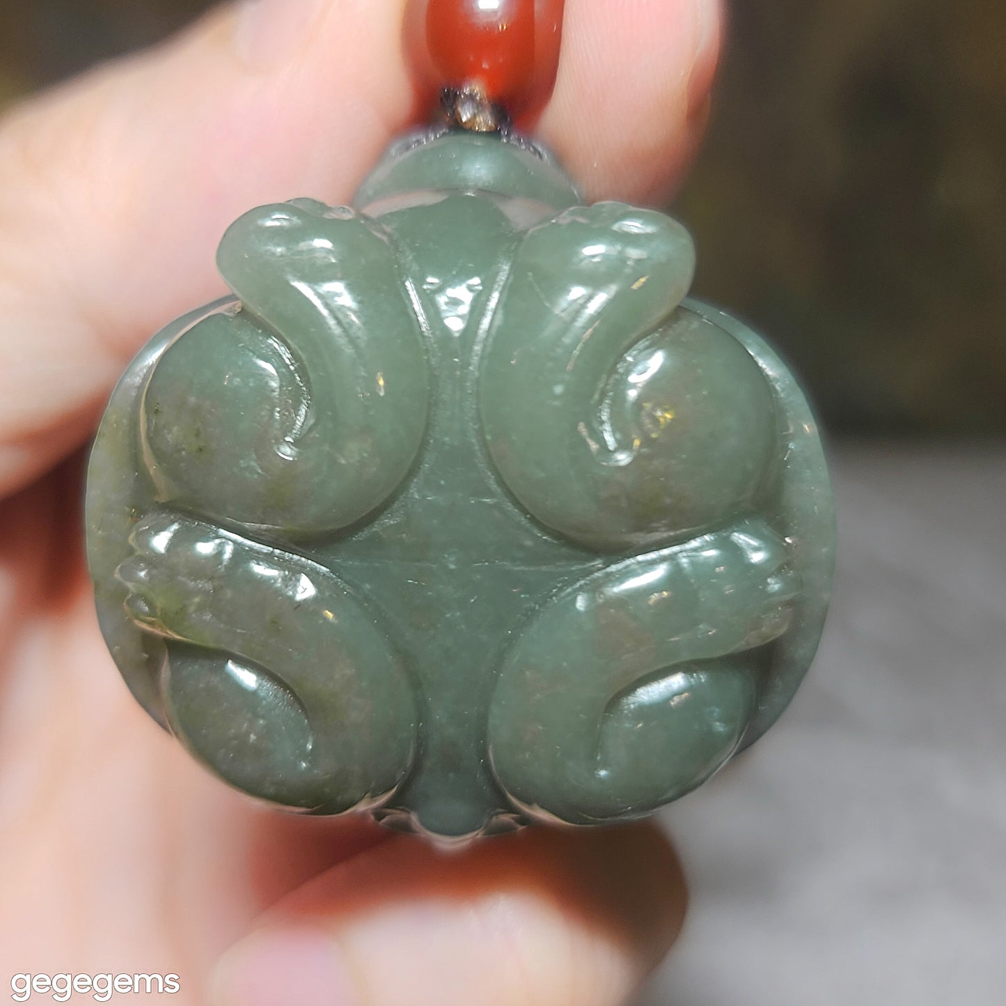 Premium Nephrite good greasiness light green with some caramel brown 3 dimensional Dragon Tortoise Jade handheld large pendant (with certificate) 优质和田玉且末青白糖油润立体龙龟手把大吊坠(带证书)