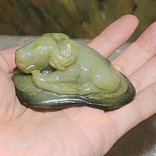Premium Type A Yellow Jadeite  with "Jade skin"  light blue green hue 3 dimensional Ox Jade palmstone decor display (with certificate) 精品翡翠黄翡带原玉皮淡蓝绿立体牛把件/小摆设(带证书)