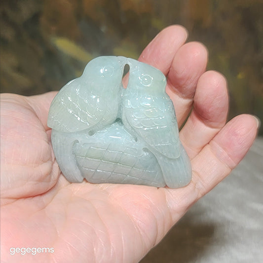 Type A Jadeite light green two magpies (double happiness) Jade handheld decor display (with certificate) 翡翠浅绿双喜(鹊)臨门手把小摆件(带证书)