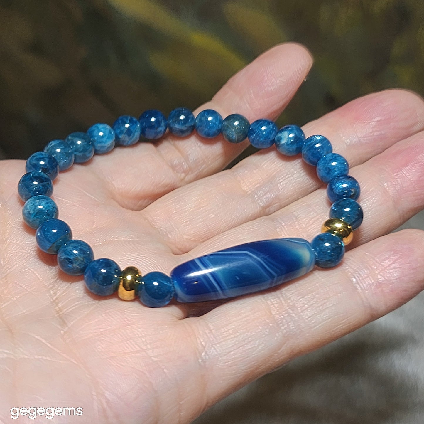 Gegegems Creation Blue Sardonyx natural Eye Vajra Eye Dzi and 7.3mm blue Apatite Bracelet 缠丝玛瑙天眼金刚眼天珠蓝磷灰石手链