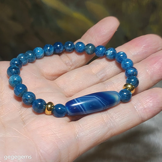 Gegegems Creation Blue Sardonyx natural Eye Vajra Eye Dzi and 7.3mm blue Apatite Bracelet 缠丝玛瑙天眼金刚眼天珠蓝磷灰石手链