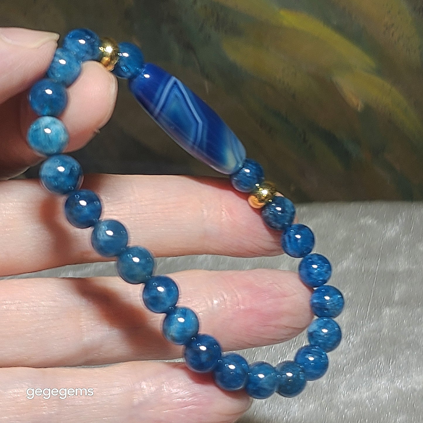 Gegegems Creation Blue Sardonyx natural Eye Vajra Eye Dzi and 7.3mm blue Apatite Bracelet 缠丝玛瑙天眼金刚眼天珠蓝磷灰石手链