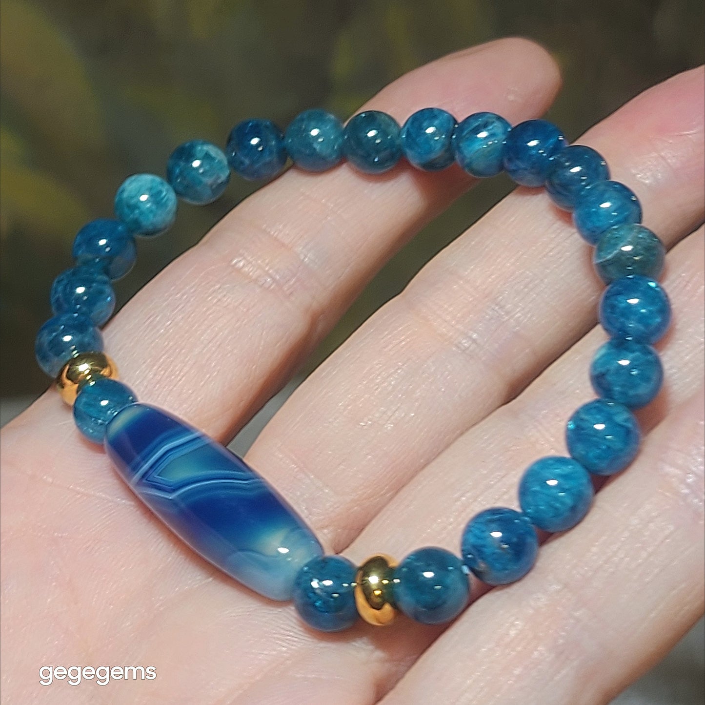 Gegegems Creation Blue Sardonyx natural Eye Vajra Eye Dzi and 7.3mm blue Apatite Bracelet 缠丝玛瑙天眼金刚眼天珠蓝磷灰石手链