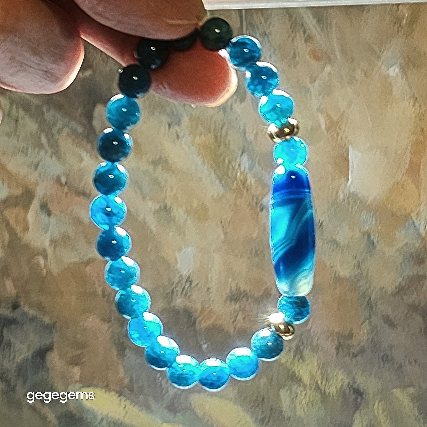 Gegegems Creation Blue Sardonyx natural Eye Vajra Eye Dzi and 7.3mm blue Apatite Bracelet 缠丝玛瑙天眼金刚眼天珠蓝磷灰石手链
