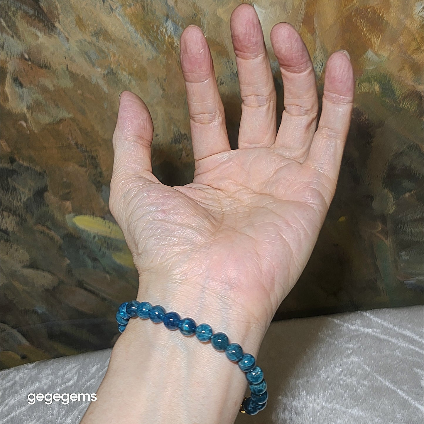 Gegegems Creation Blue Sardonyx natural Eye Vajra Eye Dzi and 7.3mm blue Apatite Bracelet 缠丝玛瑙天眼金刚眼天珠蓝磷灰石手链