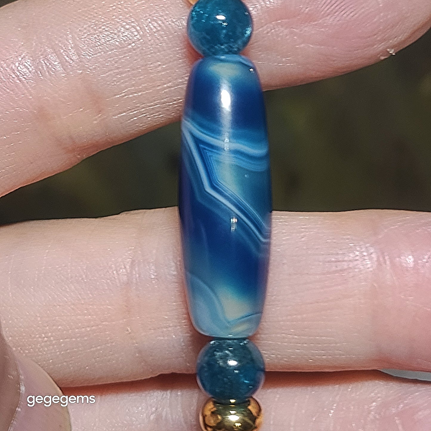 Gegegems Creation Blue Sardonyx natural Eye Vajra Eye Dzi and 7.3mm blue Apatite Bracelet 缠丝玛瑙天眼金刚眼天珠蓝磷灰石手链