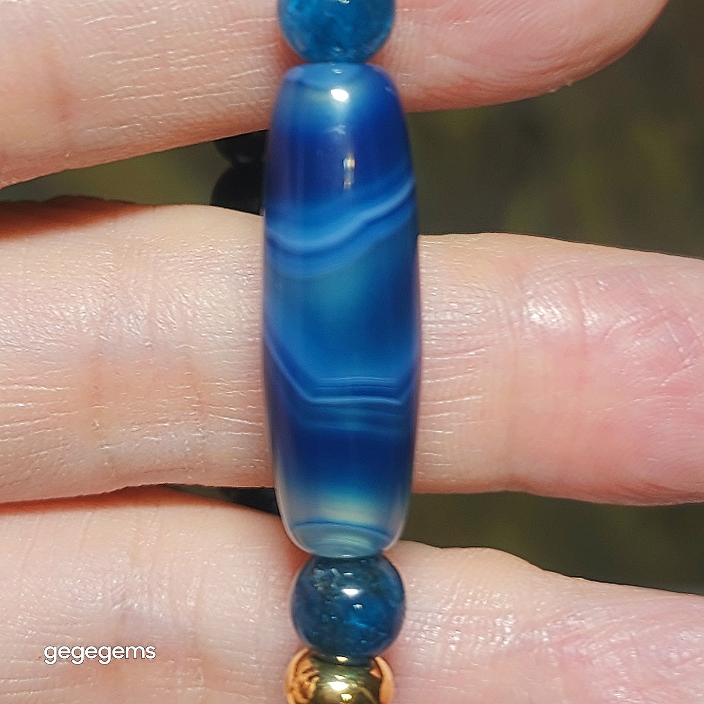 Gegegems Creation Blue Sardonyx natural Eye Vajra Eye Dzi and 7.3mm blue Apatite Bracelet 缠丝玛瑙天眼金刚眼天珠蓝磷灰石手链