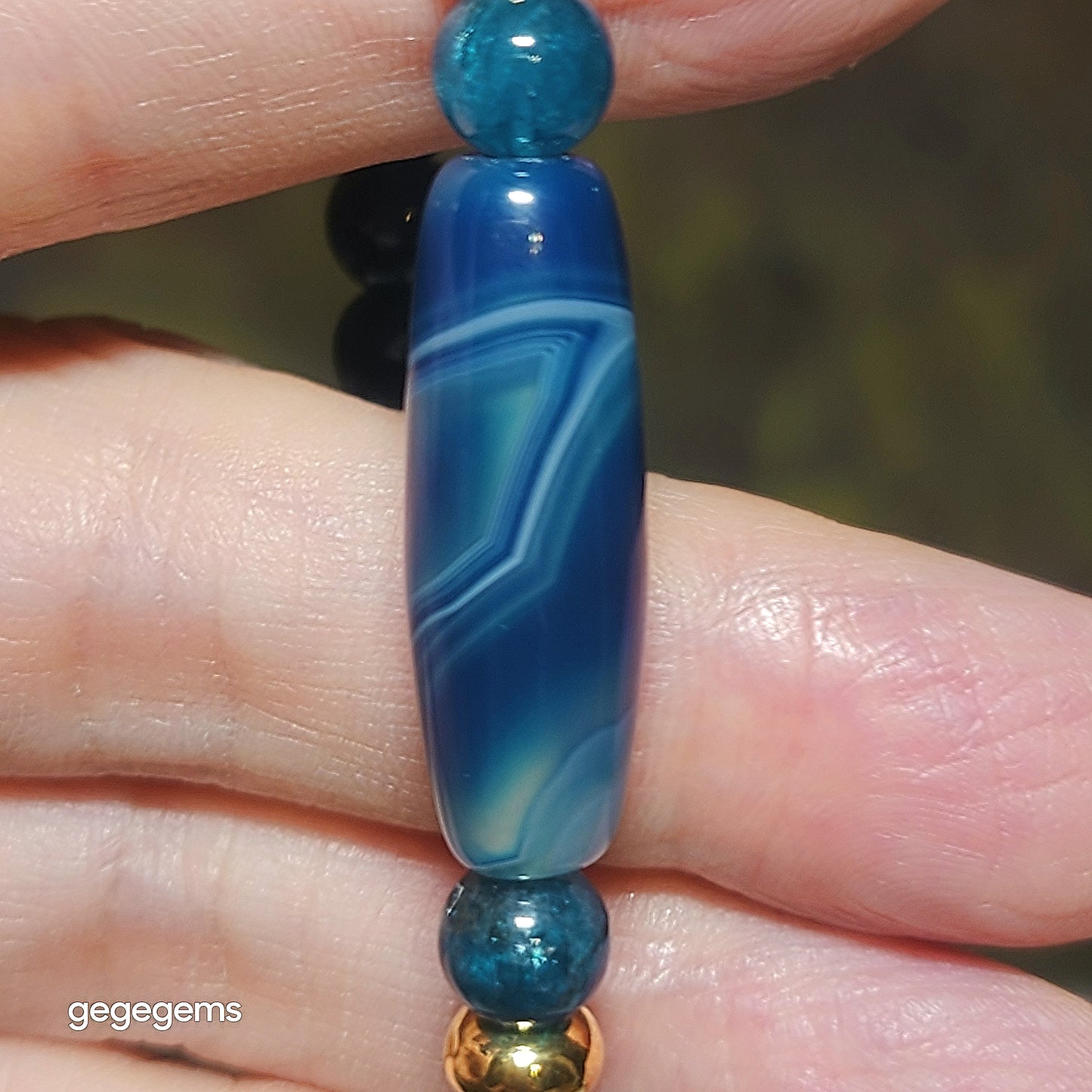 Gegegems Creation Blue Sardonyx natural Eye Vajra Eye Dzi and 7.3mm blue Apatite Bracelet 缠丝玛瑙天眼金刚眼天珠蓝磷灰石手链